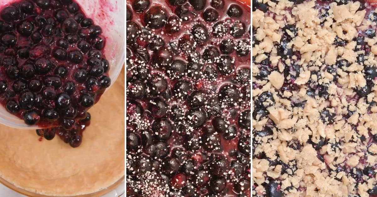 Three-panel image showing a crust being filled with filling, sprinkled with a topping before baking.