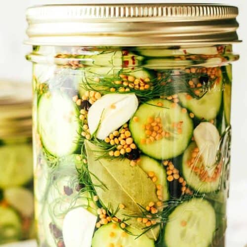 A glass jar filled with sliced cucumbers, garlic cloves, dill, bay leaf, and mustard seeds is sealed with a metal lid—a perfect start for easy pickle recipes.