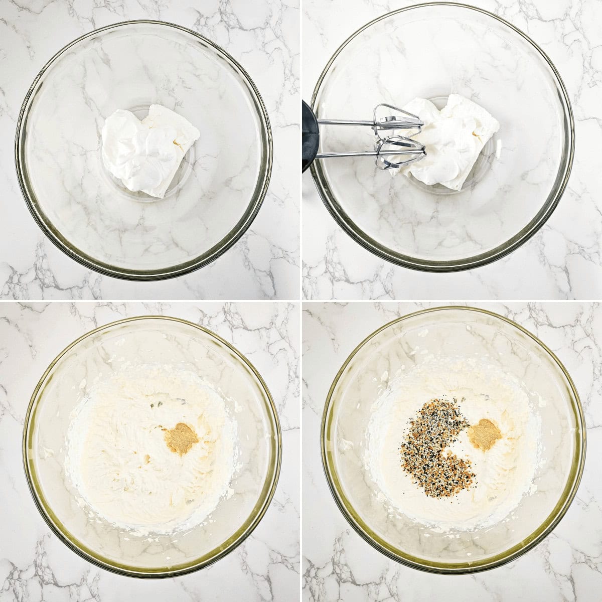 Four-step process: Cream cheese in a glass bowl, an electric mixer in the bowl, mixed cream cheese, then seasoned everything bagel dip with spices added.