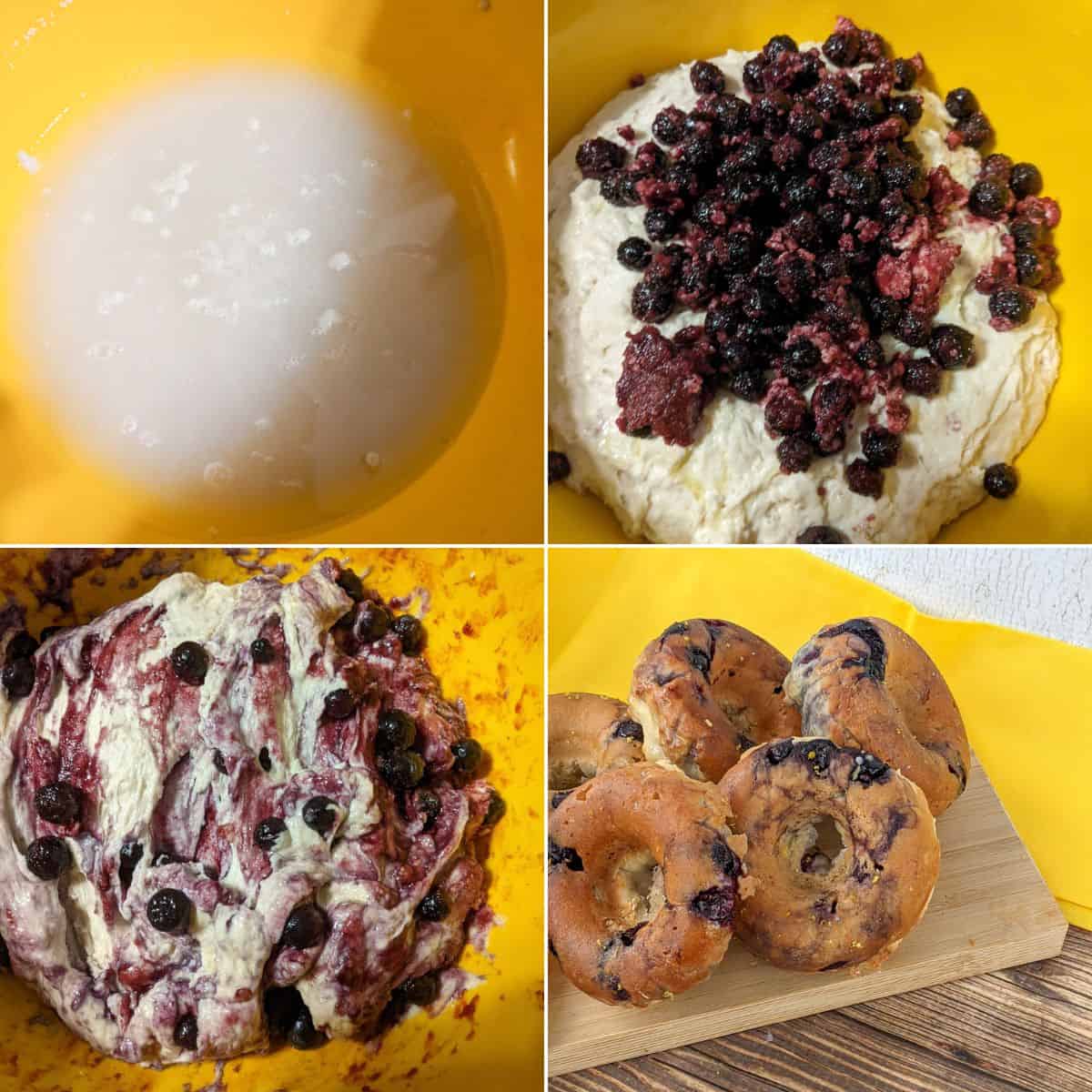 Four images show steps of making blueberry bagels: mixing ingredients, adding blueberries, mixing dough, and finished baked bagels on a wooden board with a yellow cloth. The vibrant blueberries add a burst of color reminiscent of Blueberry Donuts, making these homemade treats both delicious and visually appealing.