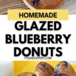 Homemade Blueberry Donuts are displayed on a wooden surface and white plate, with a sliced lemon and a glass of milk nearby.