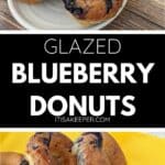A plate and a wooden board display blueberry donuts with a glossy glaze and visible blueberries; a yellow cloth is in the background.