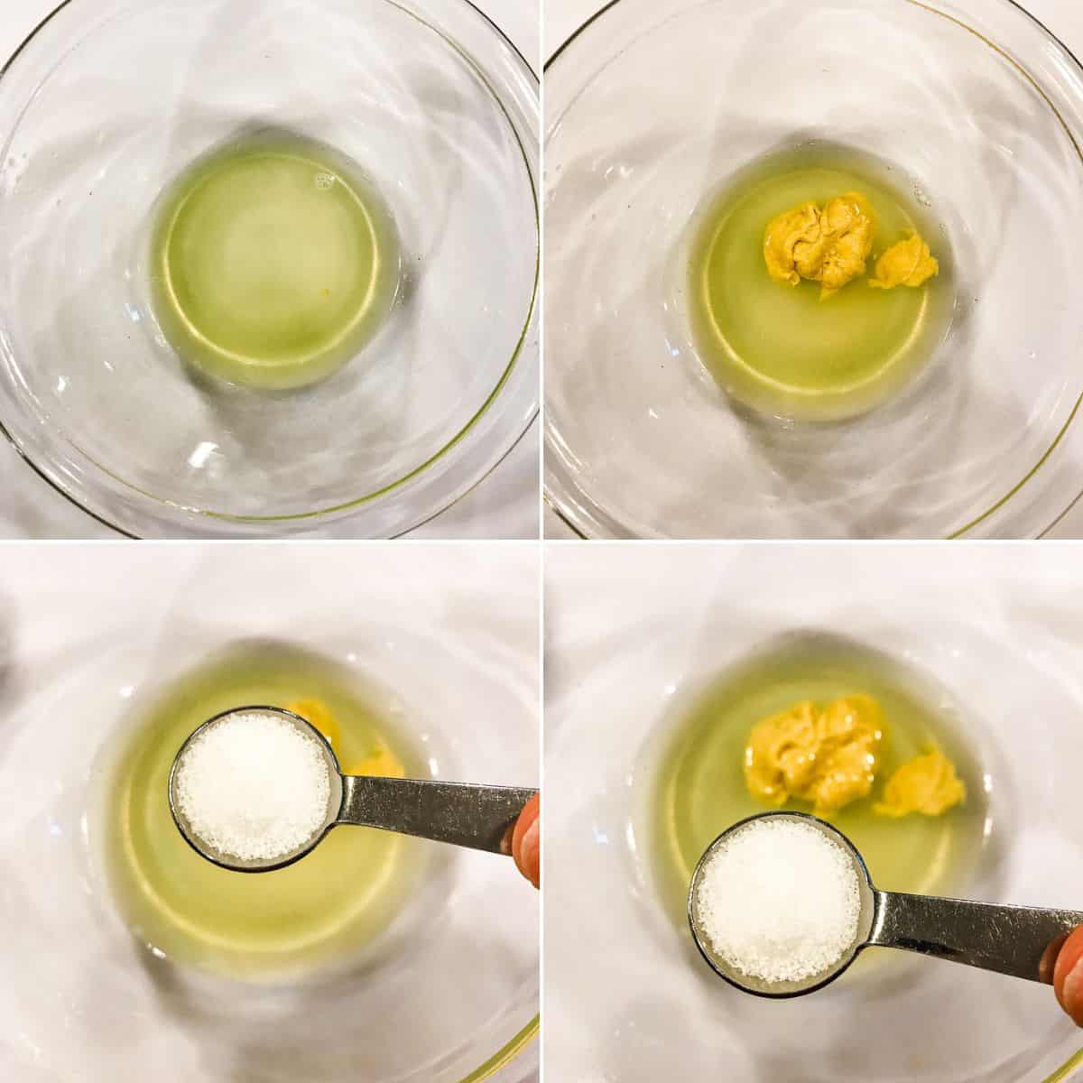 Four-panel image showing a bowl with egg, then mustard added, followed by two images of a spoon adding granulated sugar to the mixture.