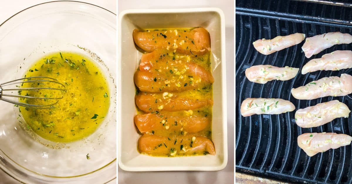 Three photos: whisked marinade in a bowl, chicken tenders soaking in the flavorful mixture in a dish.