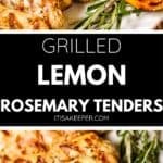 Grilled lemon rosemary chicken tenders with char marks, garnished with fresh rosemary and grilled lemon slices on a white plate.