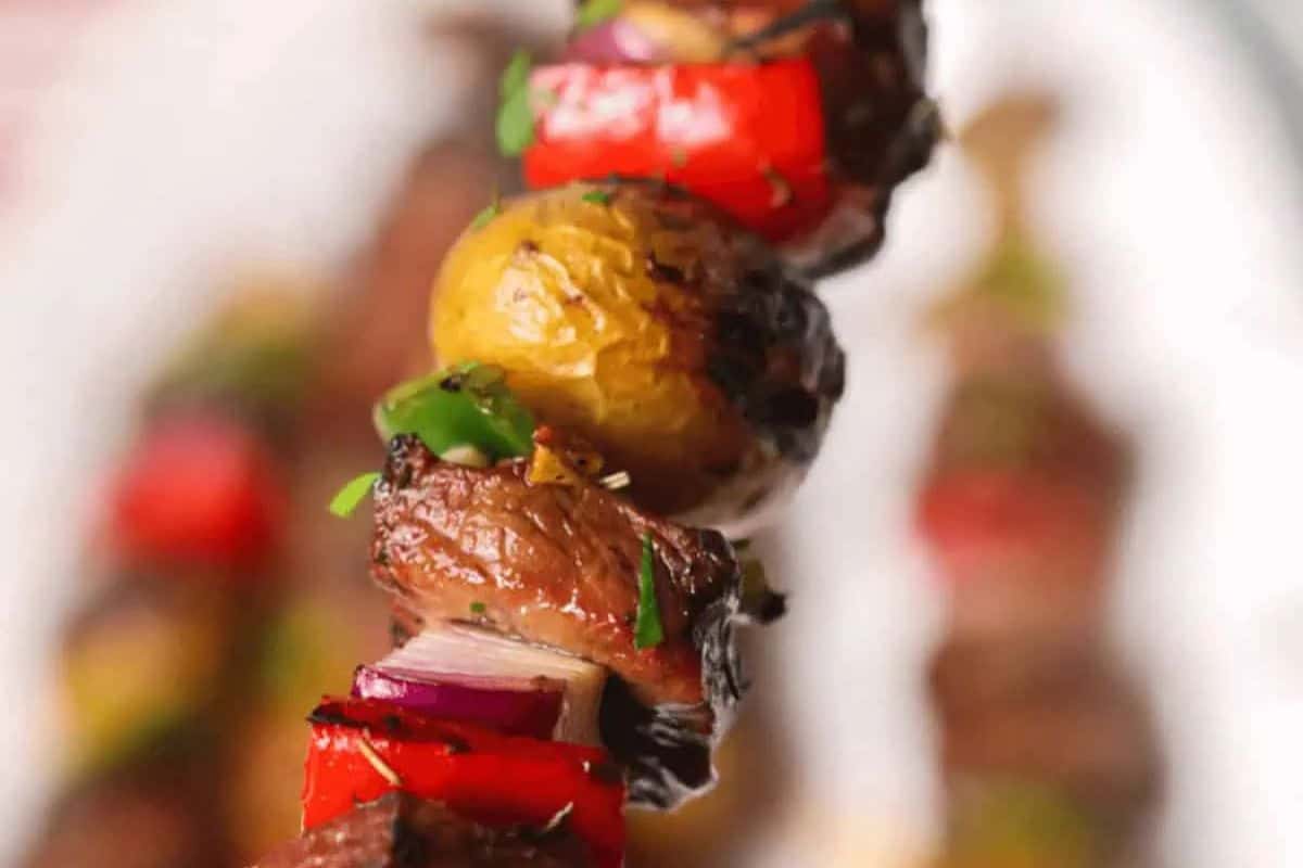 A close-up of a grilled kabob featuring pieces of beef, red bell pepper, red onion, mushroom, and parsley—perfect inspiration for your next kabob recipes.