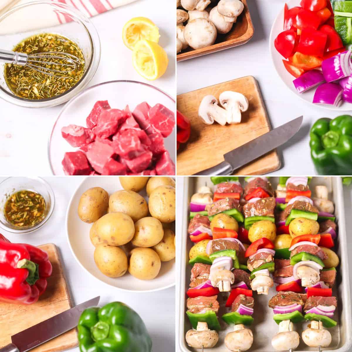 Four-panel image showing marinade, raw beef cubes, vegetables, and potatoes, followed by assembled steak kabobs with colorful vegetables and beef skewers ready for grilling on a white surface.