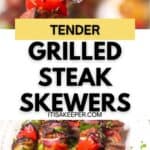 Grilled steak skewers with mushrooms, potatoes, onions, and peppers garnished with herbs on a white plate. These flavorful steak kabobs are perfect for any occasion. Text overlay reads “Tender Grilled Steak Skewers.”.