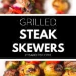 Close-up of grilled steak kabobs with mushrooms, bell peppers, and onions on wooden sticks, arranged on a white plate.
