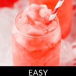 Close-up of two vibrant kool-aid slushies in clear jars with red and white striped straws. The text at the bottom reads "Easy Kool-Aid Slushie.