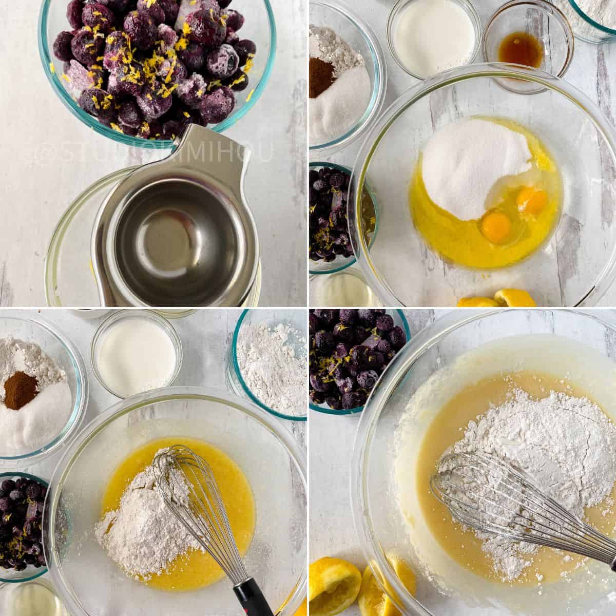 Four-panel image showing steps to make a Lemon Blueberry Loaf batter: ingredients prepped, eggs and sugar in a bowl, flour and milk added, and the mixture being whisked.