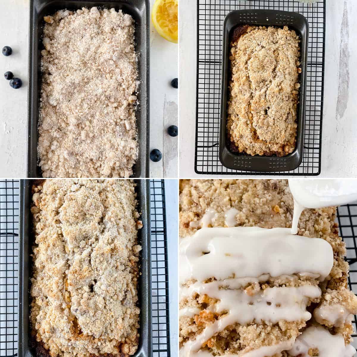 Four images  before baking, after baking, close-up of the crumb topping, and a white glaze being drizzled over sliced pieces.