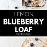 Sliced Lemon Blueberry Loaf with glaze on top, garnished with fresh blueberries and a lemon half, elegantly displayed on a white surface.