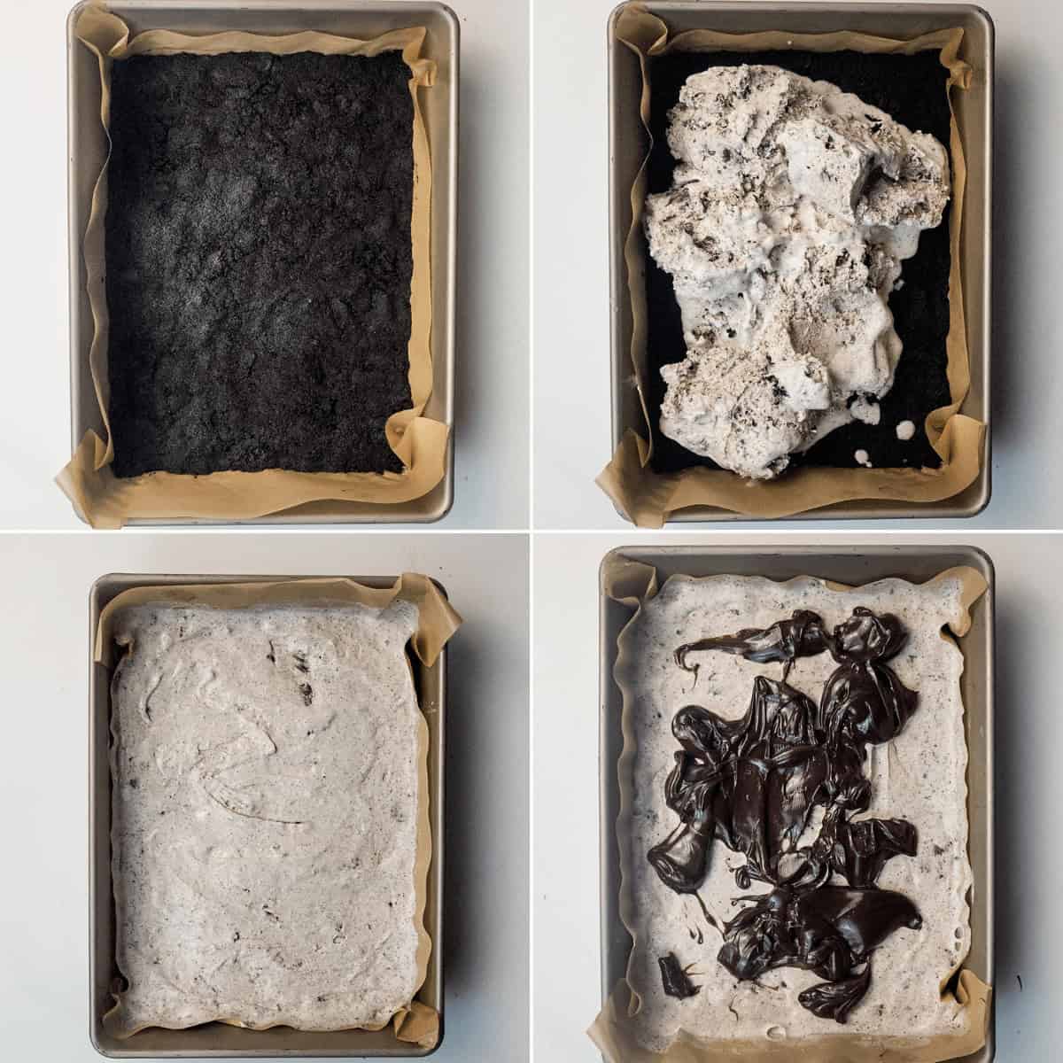 Layering the cookies and ice cream on the dessert.