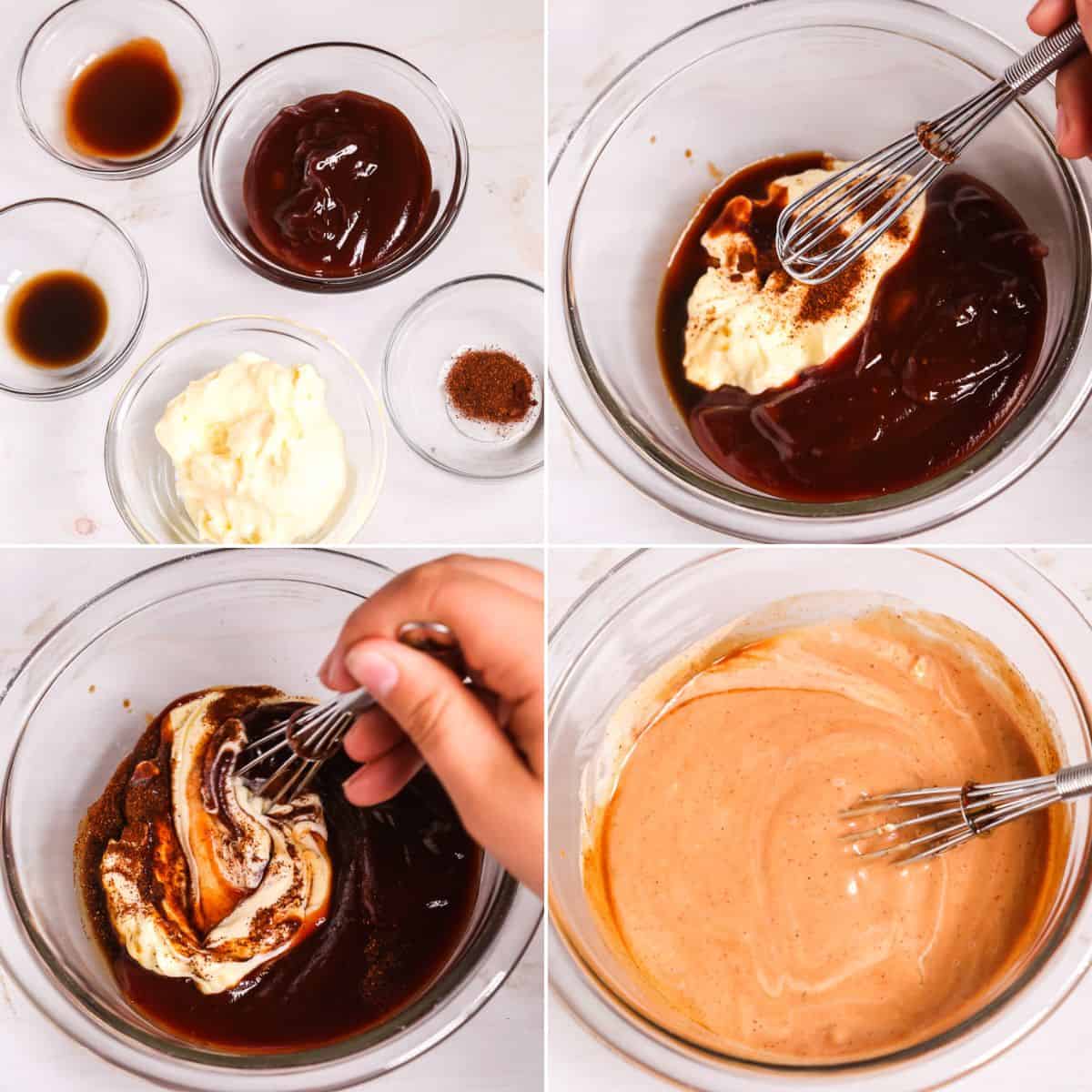 Four images show the process of making a creamy  ingredients in bowls, adding to a large bowl, mixing, and whisking until smooth.