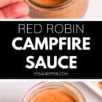 A jar of creamy orange Red Robin Campfire Sauce with a breadstick being dipped; labeled “Red Robin Campfire Sauce.”.