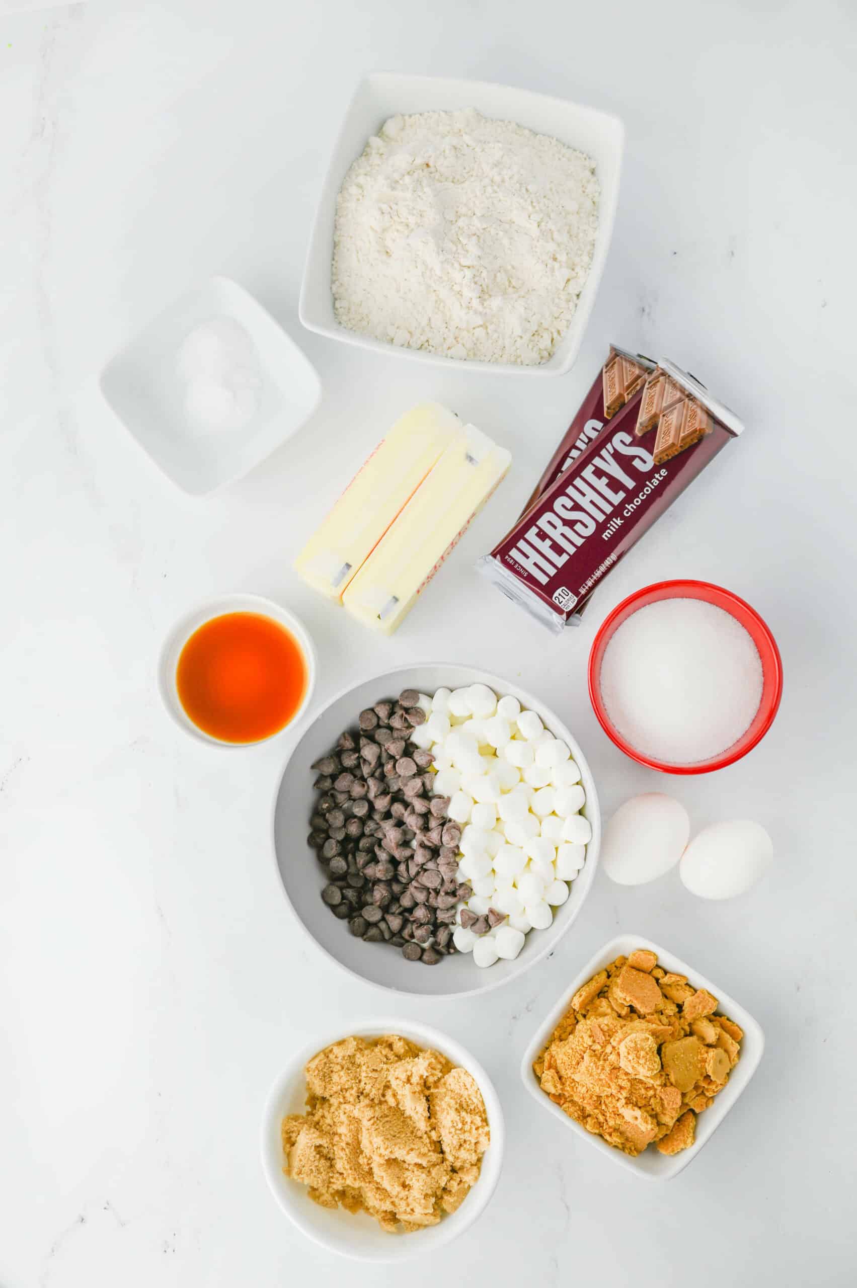 Candy bars, marshmallows and graham crackers.