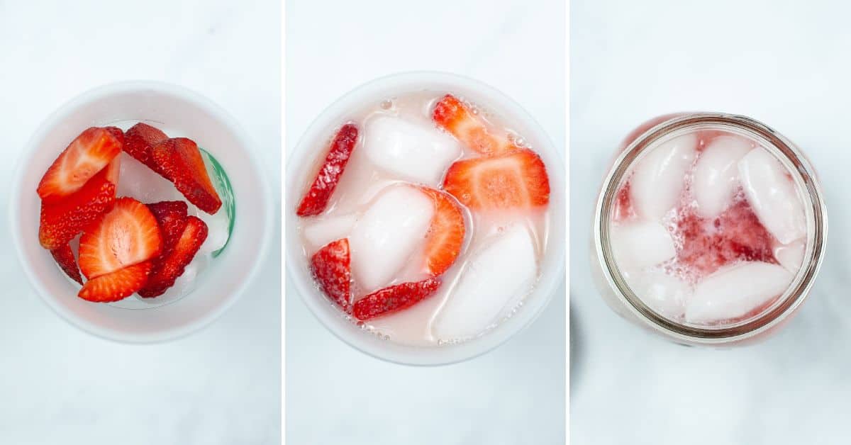 Three cups each filled with ice, sliced strawberries, and a pink beverage—reminiscent of the popular Starbucks Pink Drink—are shown from above on a white surface.