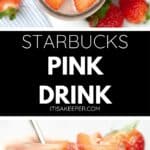 A glass jar filled with Starbucks Pink Drink, ice, and sliced strawberries, with a straw and a fresh strawberry garnish showcases the vibrant sweetness of the Starbucks pink drink.