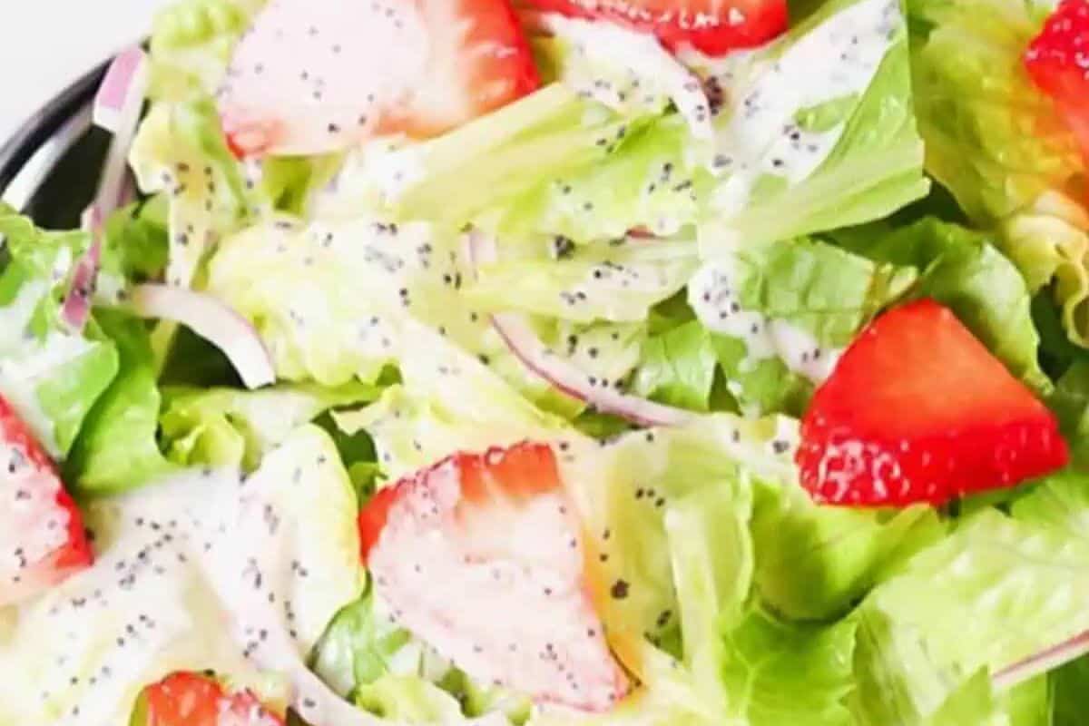 Close-up of a strawberry poppyseed salad.