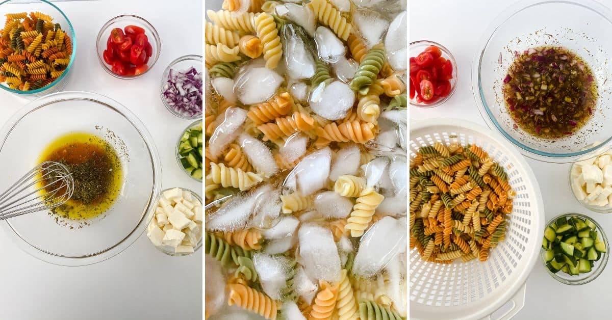 Three images show key steps in making dish arranged on a white surface, cooked tri-color rotini chilling in an ice bath, and finally, the vibrant salad with drained pasta, fresh vegetables, cheese, and vinaigrette mixed together in glass bowls.