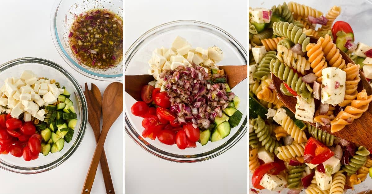 Three images show:  chopped tomatoes, cucumbers, mozzarella, and onions in a bowl; mixing with dressing; and a close-up of the finished dish featuring colorful tri-color rotini pasta.