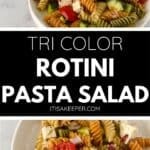 Tri-color Rotini Pasta Salad featuring cherry tomatoes, cucumbers, red onions, and feta cheese is beautifully served in a white bowl on a marble surface.