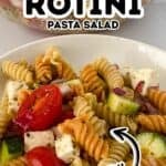 A bowl of Rotini Pasta Salad featuring tri-color rotini with grape tomatoes, cucumbers, red onion, and cheese cubes, labeled "Tri Color Rotini Pasta Salad" and "Flavorful.