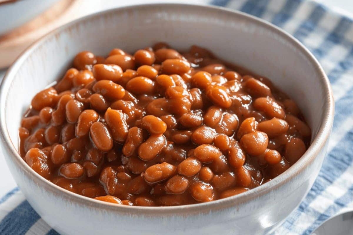 A close up of baked beans in a white bowl sitting on a faded blue and white gingham tablecloth. The beans are in a thick sauce. 