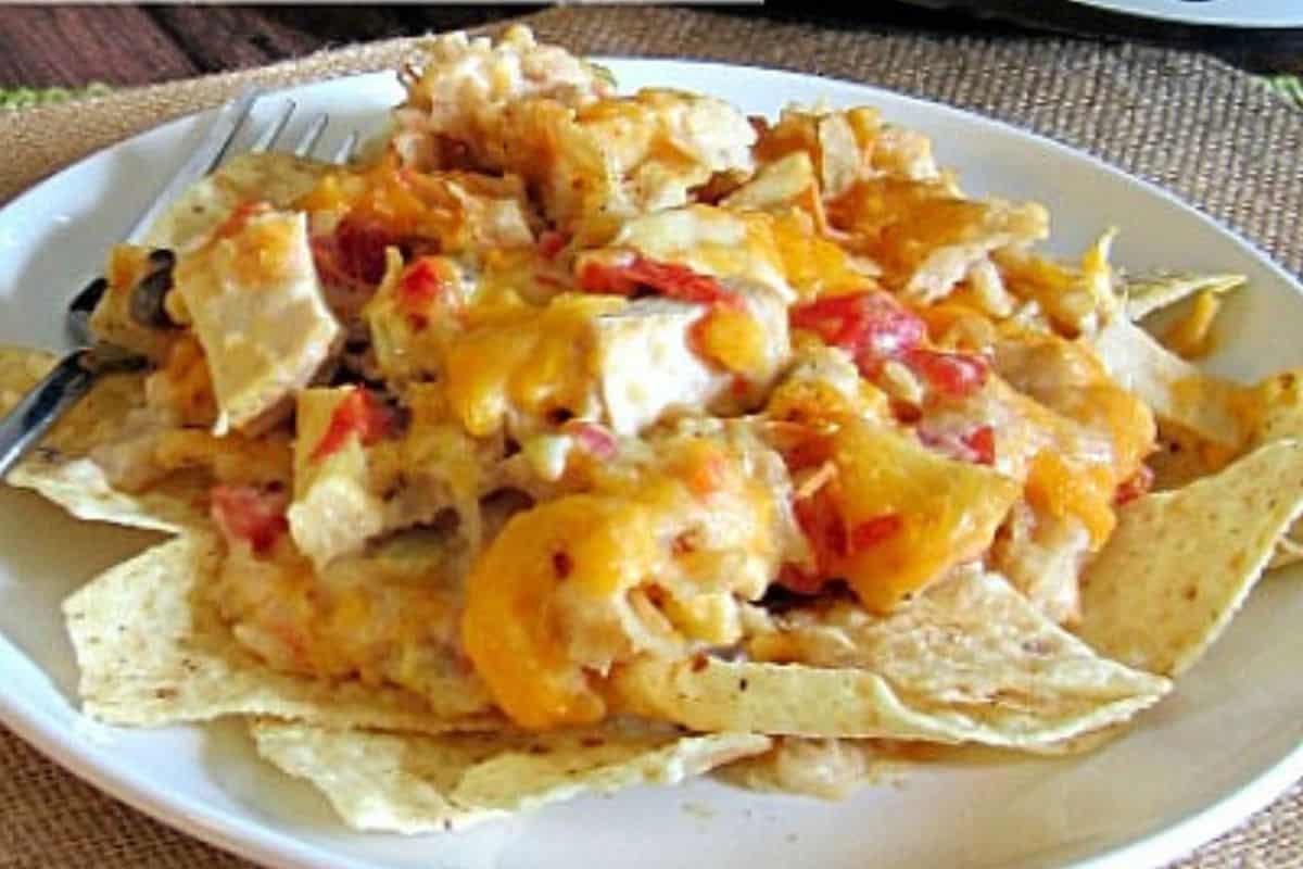 On a white plate there are tortilla chips topped with melted cheese, tomatoes and shredded chicken. On the left hand side of the plate there is a fork with a few chips on it. 