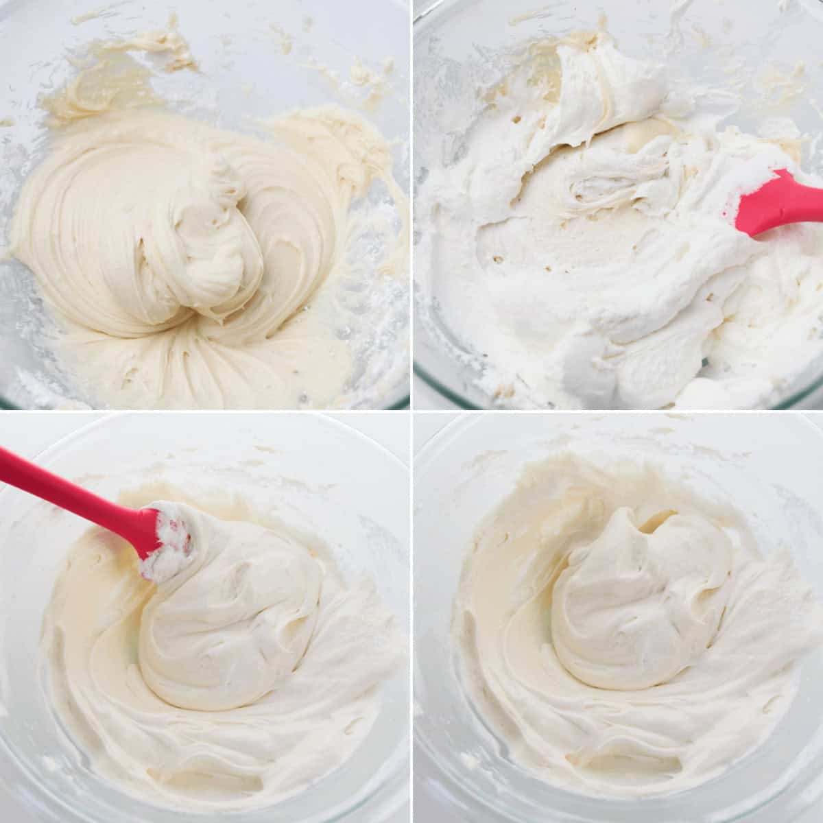 A four-panel image showing the process of whipping cream for a pumpkin spice cake. The stages go from initial mixing to a smooth and thick final consistency, all done with a red spatula in a clear bowl.