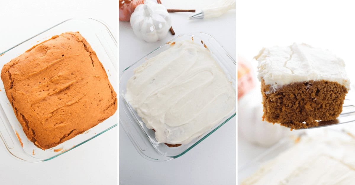 Three-step process of making a frosted pumpkin spice cake: a plain baked pumpkin spice cake in a glass dish, the same cake with white frosting, and a slice of the frosted cake on a spatula.