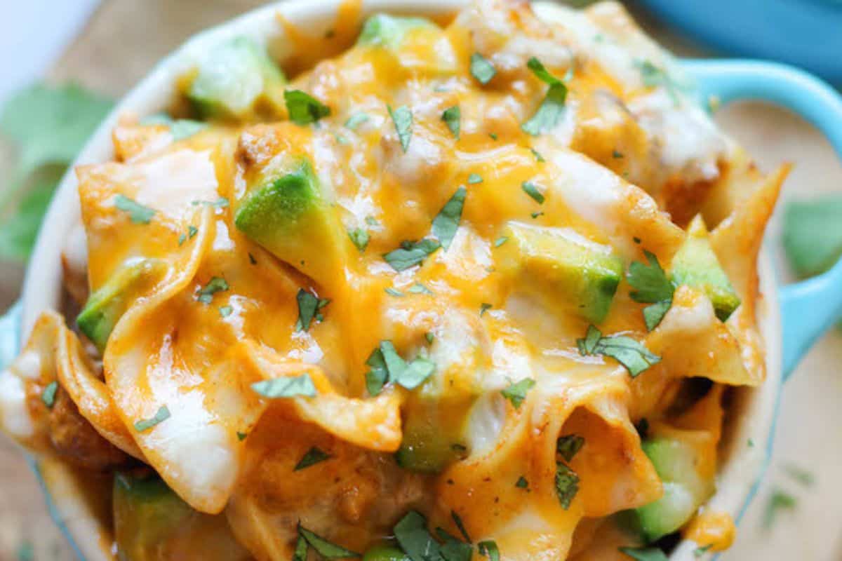 White dish of enchilada pasta. 