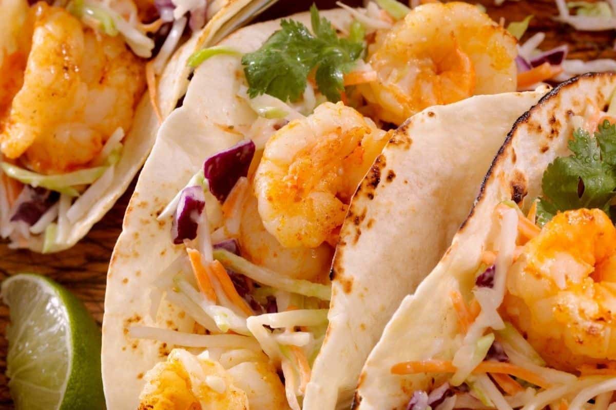 On a wooden surface, there is a close up of three tacos stacked horizontally with a lime wedge in the bottom left hand corner. The tacos have browned edges and are filled with coleslaw and topped with shrimp and cilantro leaves. 
