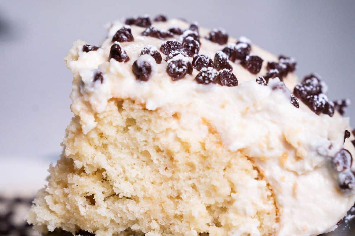 Close-up of cannoli poke cake. 