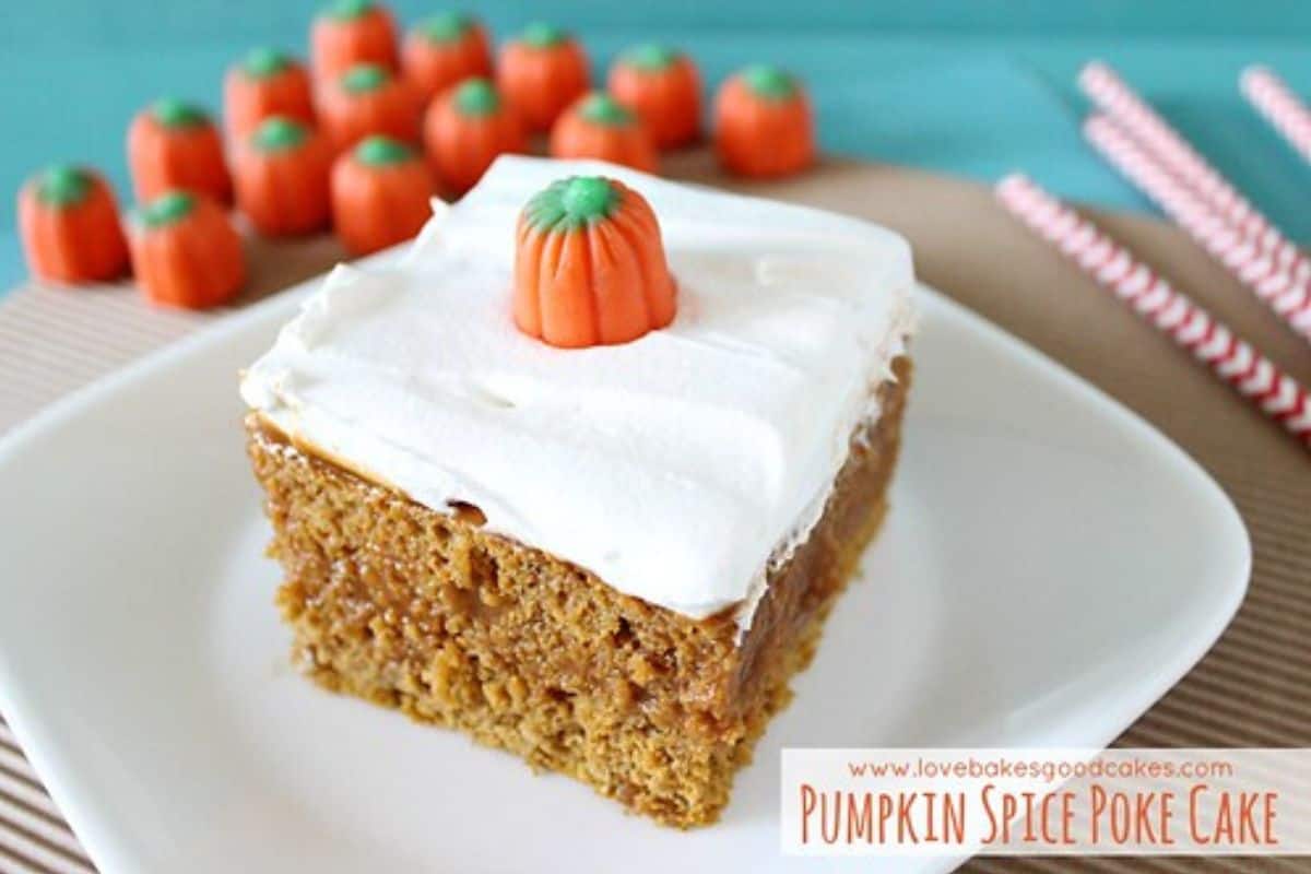 Piece of pumpkin poke cake. 