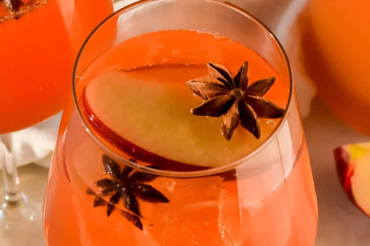 A close-up of an orange-hued drink in a glass with apple slices and star anise.