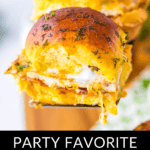 Close-up of a Chicken Bacon Ranch Slider, topped with herbs, with the text "Party Favorite Chicken Bacon Ranch Sliders" below the image.