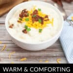 A bowl of creamy potato soup topped with shredded cheese, chopped bacon, and green onions, accompanied by text that reads "Warm & Comforting Crock Pot Potato Soup Recipe.