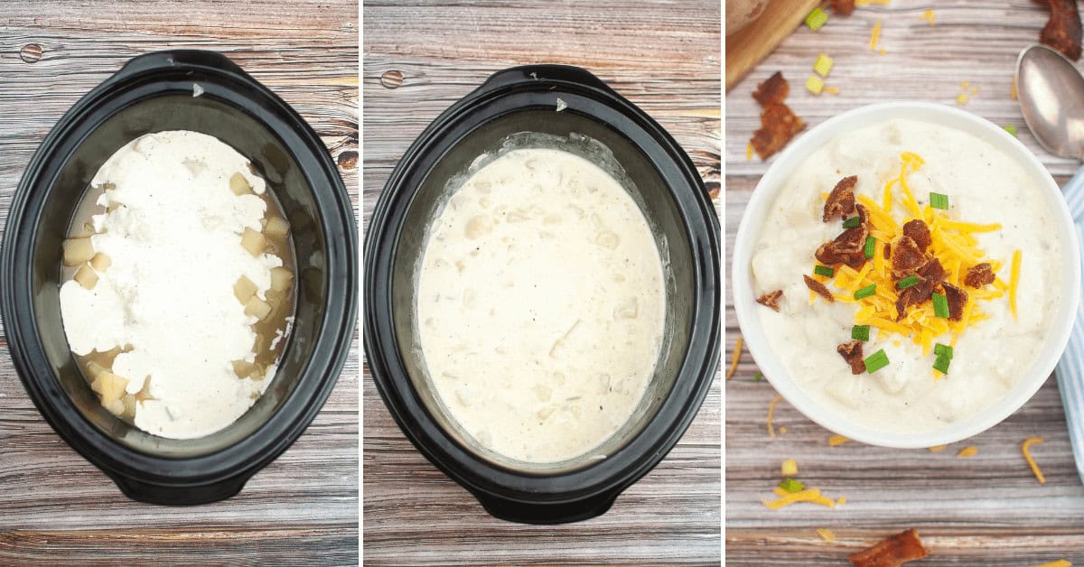 Three-panel image showing a Crock Pot Potato Soup Recipe in progress: (1) raw ingredients, (2) cooked soup, and (3) served soup topped with bacon, cheese, and green onions.