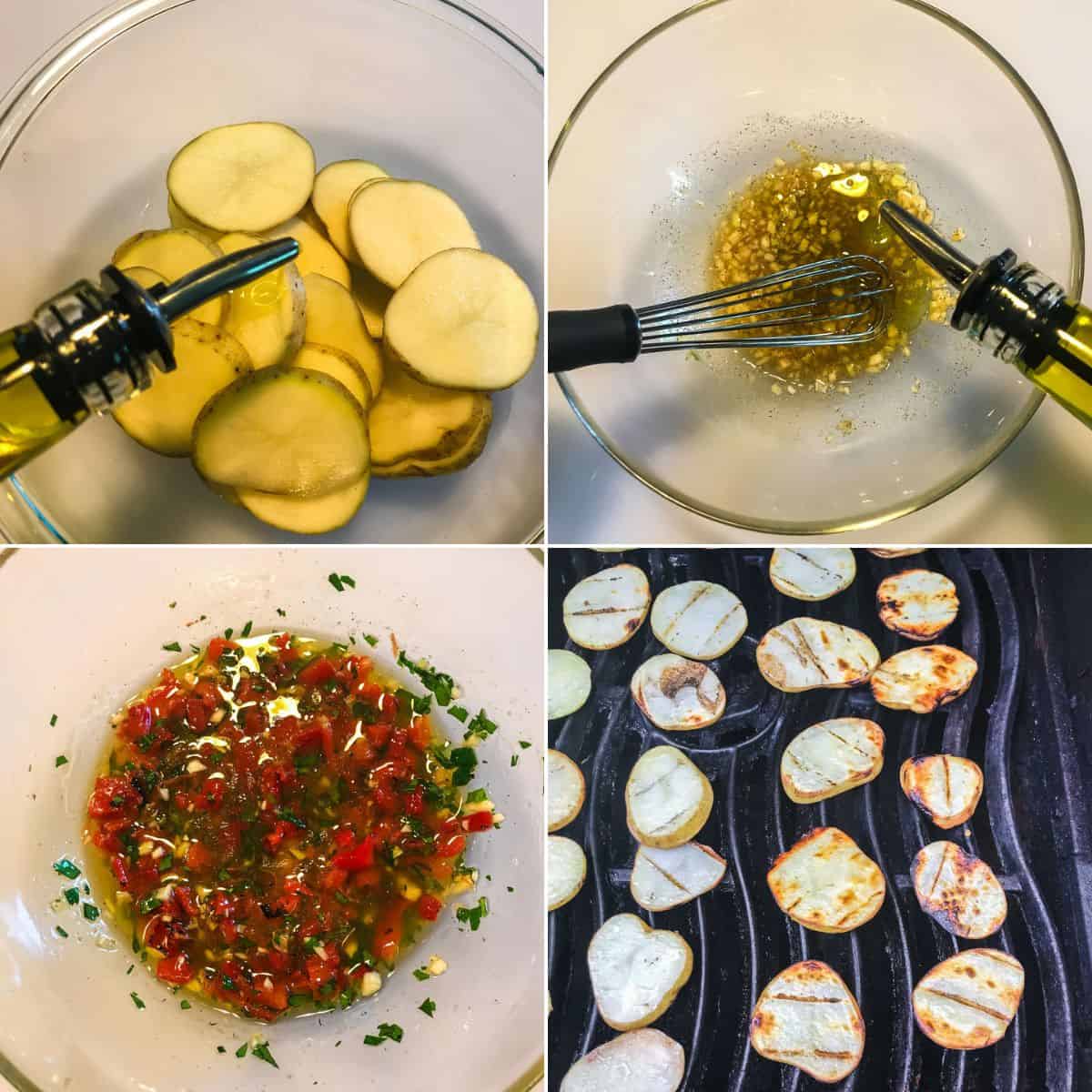 Four-panel collage: sliced potatoes; oil and minced garlic being whisked; tomato herb mixture; sliced potatoes grilling on a barbecue—perfect steps for creating a flavorful Warm Potato Salad.