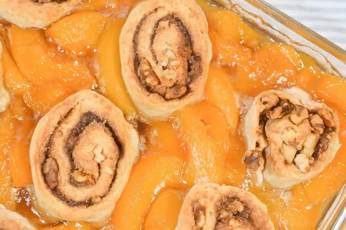 Homemade old fashioned peach cobbler.
