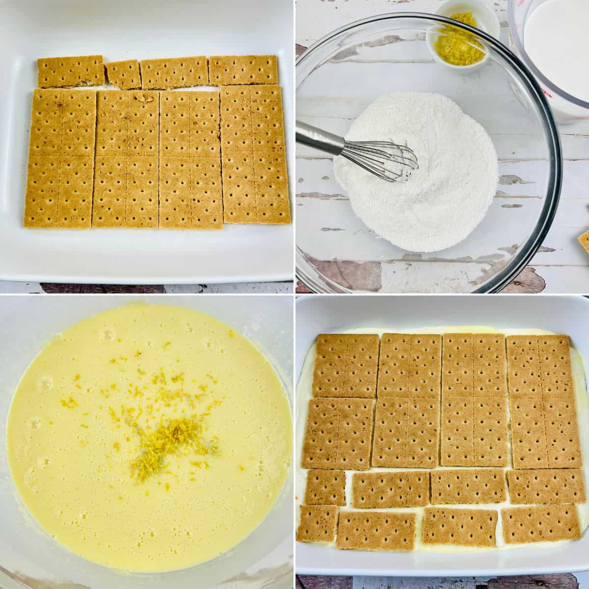 Four-step collage showing the process of making a Lemon Icebox Cake: graham crackers in a dish, a bowl of dry ingredients with a whisk, a yellow batter with lemon zest, and another layer of graham crackers in a baking dish.