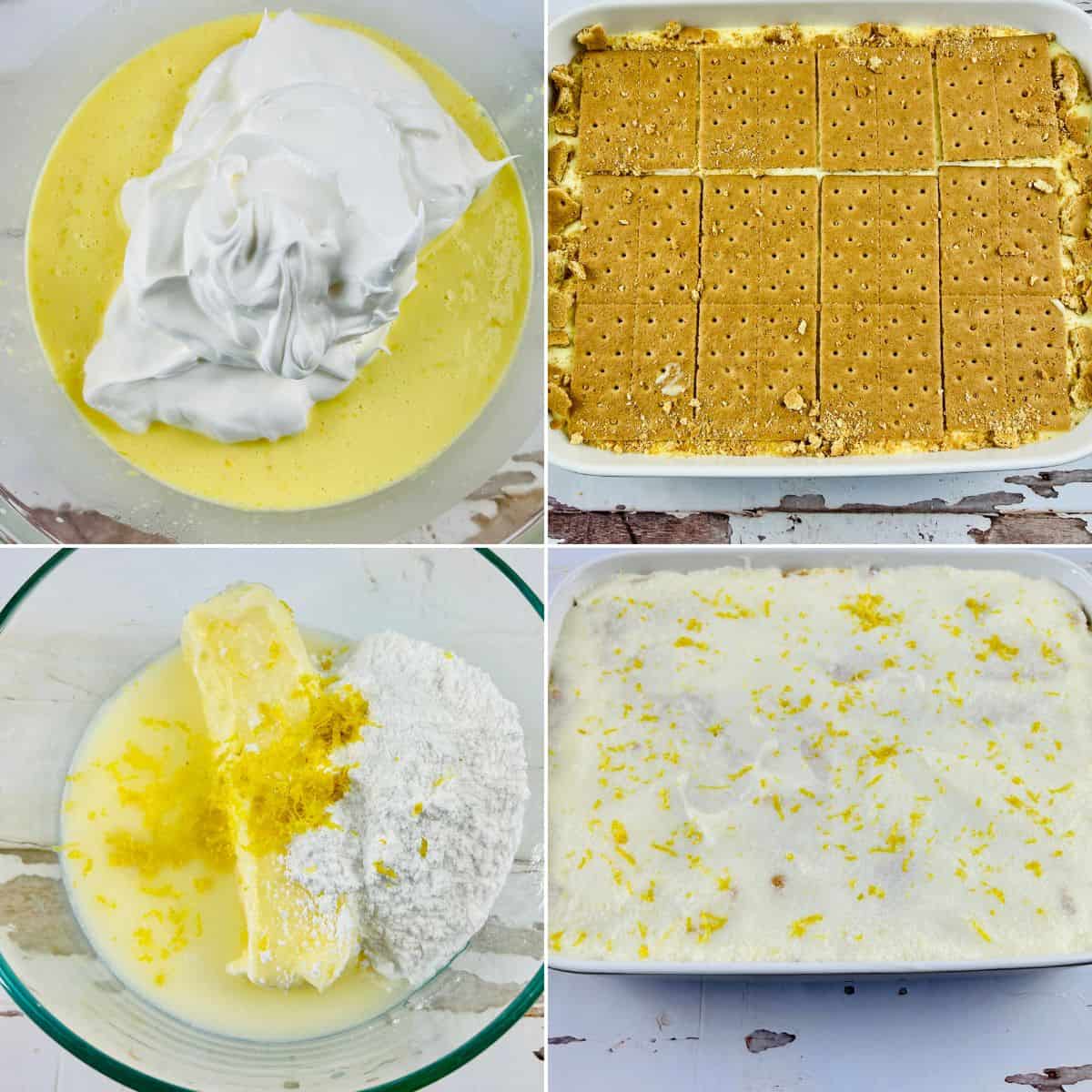 Four-step collage showing Lemon Icebox Cake preparation: mixing whipped topping, layering graham crackers in a dish, combining butter, sugar, and lemon, and the finished dessert topped with lemon zest.