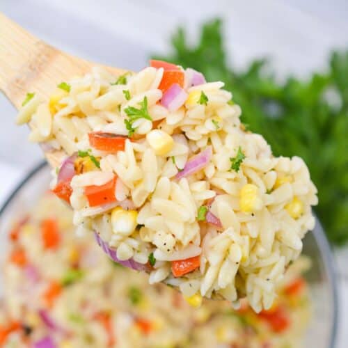 A wooden spoon holds Lemon Orzo Salad—an orzo pasta salad with corn, red bell pepper, red onion, and herbs—above a bowl of the same salad.