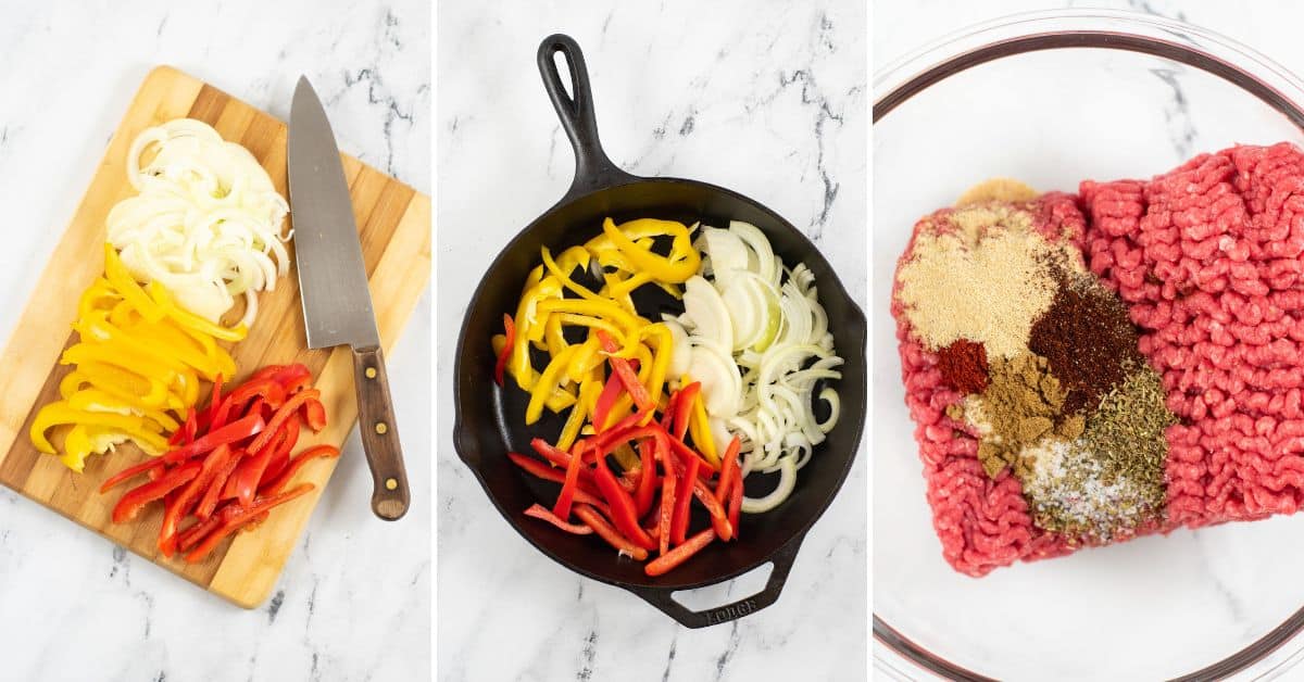 Sliced onions and peppers on a cutting board, peppers and onions in a skillet, and spiced ground beef for Mexican Hamburger in a glass bowl, all arranged on a white surface.