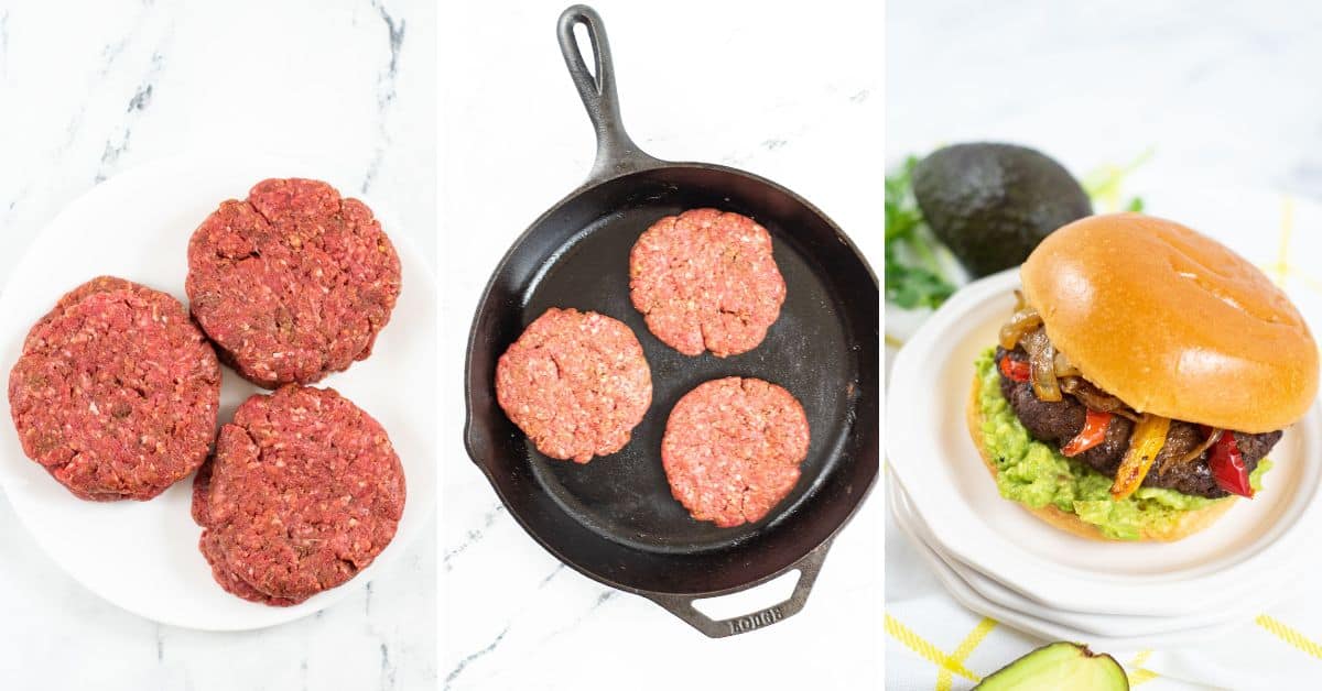 Three stages of making burgers: raw patties on a plate, patties cooking in a skillet, and a finished Mexican Hamburger with savory toppings layered on a bun.