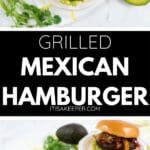 Two Mexican Hamburgers with guacamole and grilled peppers on buns, served on white plates with cilantro and avocado halves nearby, on a marble surface.