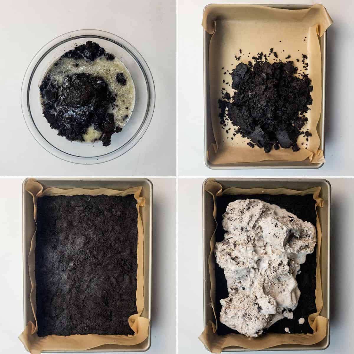 Four-panel image showing the steps of making an Oreo Ice Cream Cake: mixing crushed cookie crumbs, pressing them into a pan, spreading the crumbs flat, and adding a creamy mixture on top.