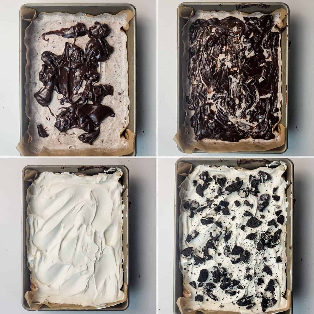 Four images show the step-by-step assembly of an Oreo Ice Cream Cake in a rectangular pan: adding chocolate, swirling, spreading topping, and finishing with crushed cookies.
